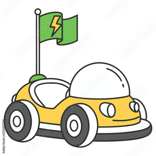Yellow cartoon car with green flag and lightning bolt