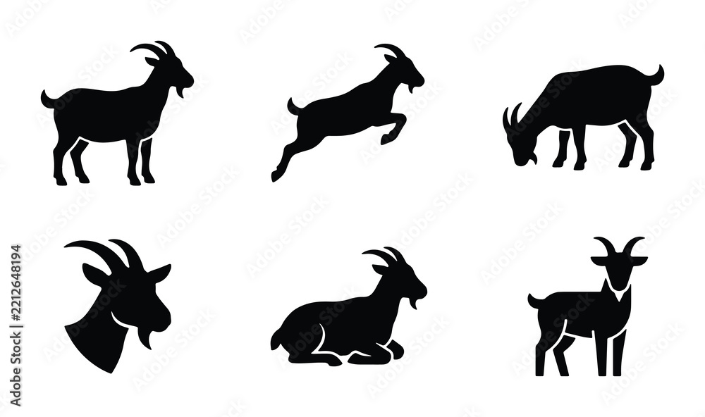 Obraz premium Goat silhouettes set with standing, jumping, grazing, and resting poses for farm or wildlife design