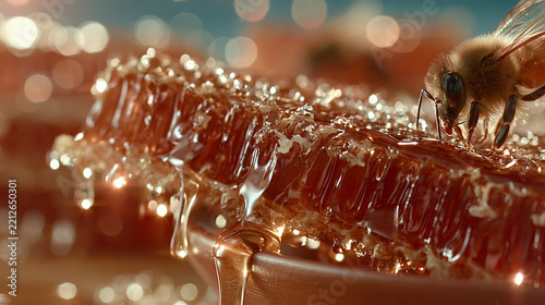 Close up of honey bee on golden honeycomb piece with raw honey sweet food organic honey