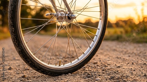 Polished chrome bicycle wheel with intricate spokes glows in golden hour light, the vintage tire on a gravel path fading into soft bokeh.