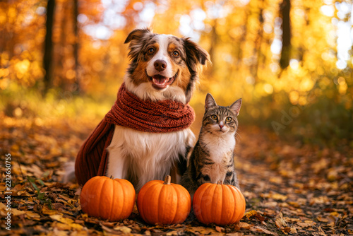 Australian Shepherd Dog and Tabby Cat Wearing Scarf with Pumpkins in Autumn Forest Bokeh Background for Halloween Thanksgiving Banner Marketing Ads