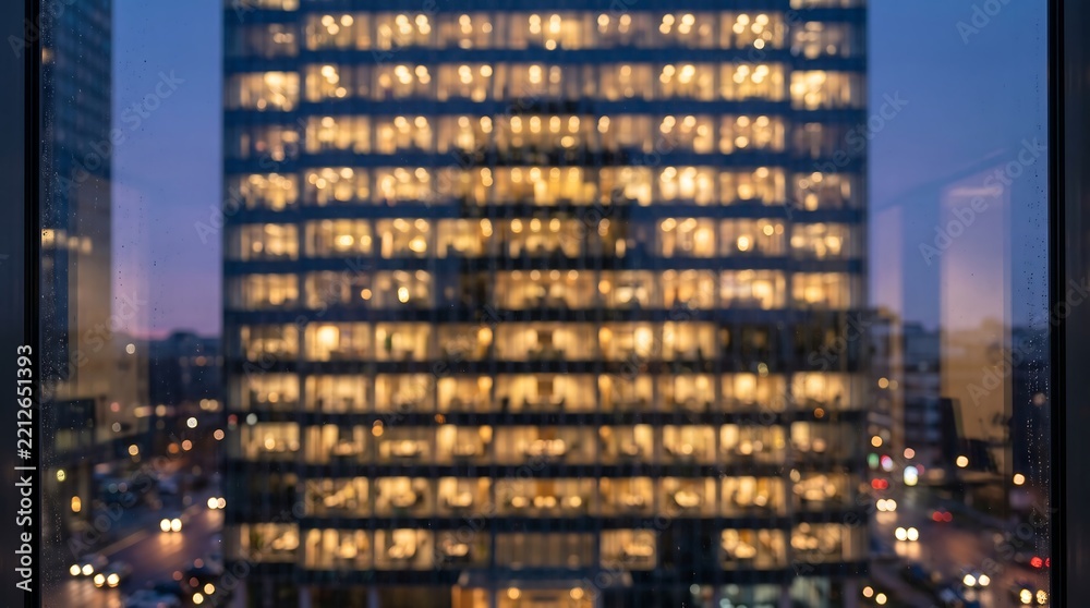 Obraz premium Blurred view of illuminated office windows in a modern high rise building during the evening twilight