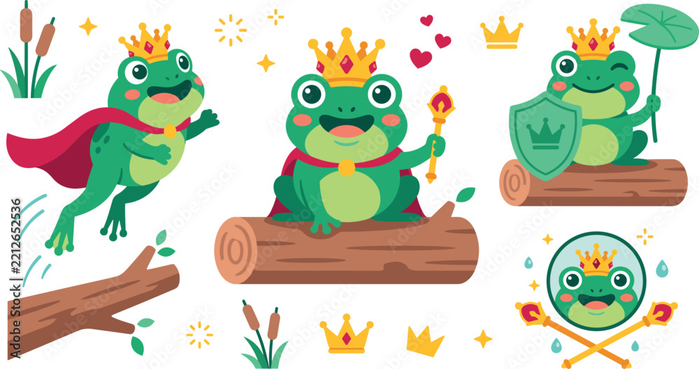 Obraz premium Cute Frog Prince Character Vector Icon Set with Royal Crown Cape Scepter Shield and Log Elements for Fairy Tale Graphic Designs