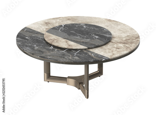 Modern round coffee table with a rotating marble top and a sleek metallic tripod base design