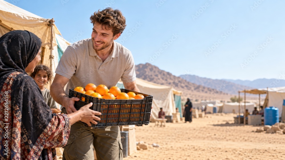 Obraz premium Man hands a crate of oranges to a woman and child at a desert tent camp. Fresh produce and community support. Food sharing and humanitarian aid. Family assistance and food distribution.