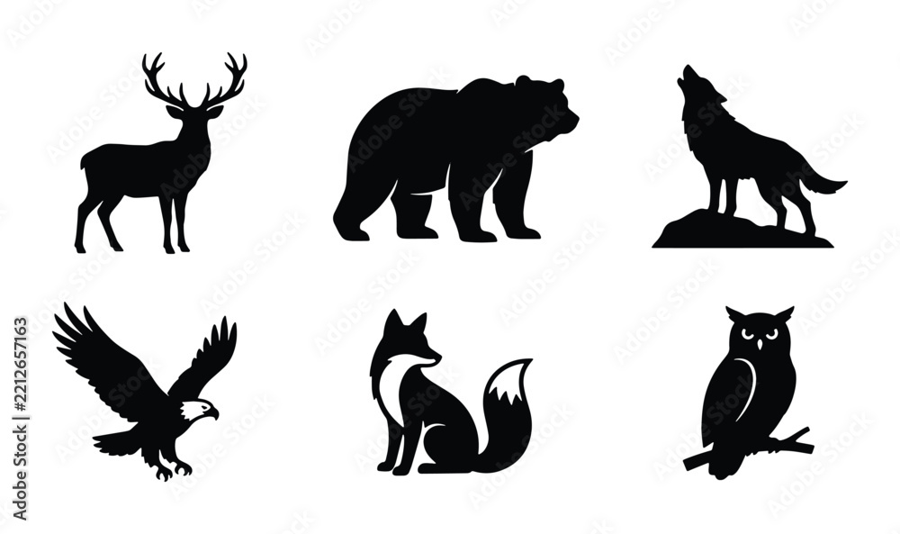 Obraz premium Wild animal silhouettes set with deer, bear, wolf, eagle, fox and owl for nature logos and icons