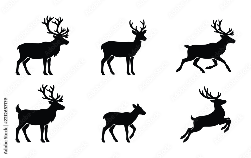 Fototapeta premium Deer silhouettes set with various poses, animals for wildlife design
