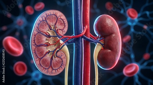 3d illustration of human kidneys with blood vessels and cells