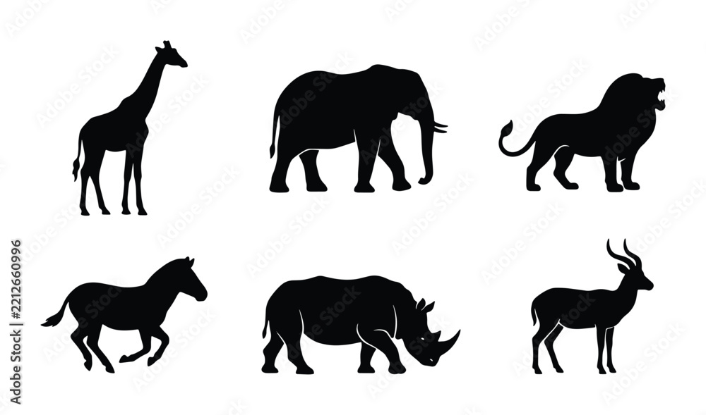 Fototapeta premium African savanna animal silhouettes set with giraffe, elephant, lion, zebra, rhino and antelope for wildlife