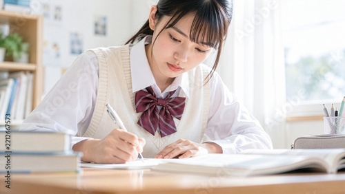 机に向かって集中して勉強する日本人の女子学生、受験勉強や試験対策、自主学習に取り組む学生生活のイメージ