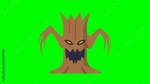 Spooky Animated Tree Monster with Scary Face on Green Screen Background