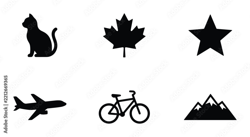 Fototapeta premium Set of silhouettes with cat, maple leaf, star, airplane, bicycle and mountains for logo or signage