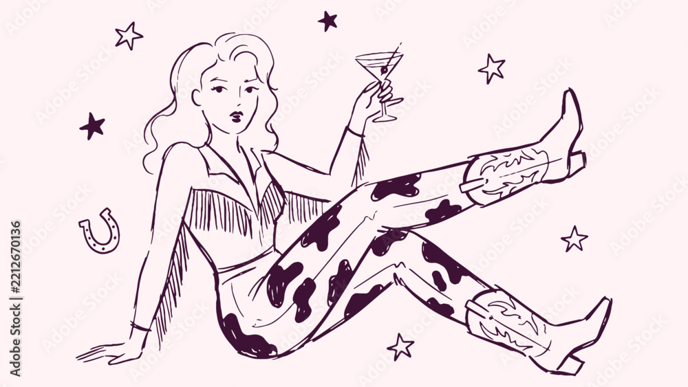 Fototapeta premium Retro seated cowgirl with cocktail and cow print pants, western fashion illustration