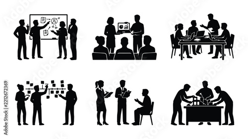 Business meeting silhouettes set with people collaborating, planning and presenting for office or team work