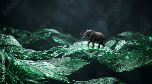 Miniature elephant figurine walking across stylized green glass leaves highlighting surreal artistic concept design