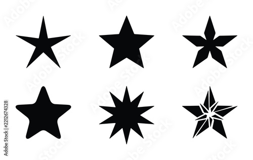 Star silhouettes set with classic, sharp and broken shapes for design and rating, graphic resources