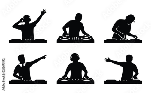 DJ silhouettes set with figures mixing music, headphones and turntables for parties and events