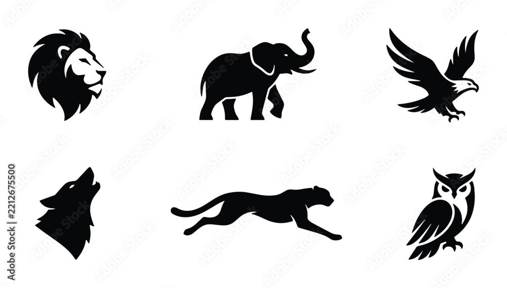 Obraz premium Animal silhouettes set with lion, elephant, eagle, wolf, cheetah and owl for logos and icons