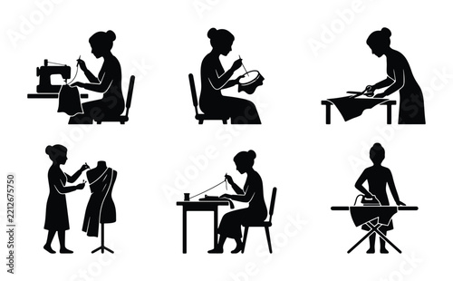 Sewing and tailoring silhouettes set with women sewing, cutting fabric and ironing, fashion design and craft