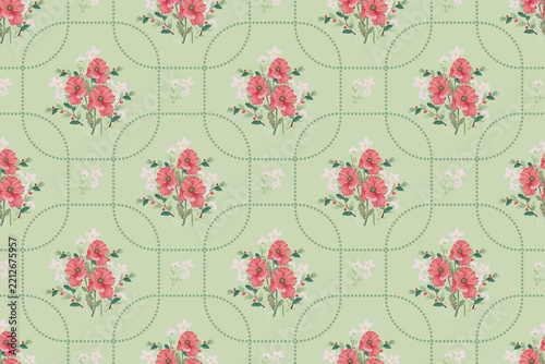 watercolor tiny wild red poppy flower botanical bouquet on sage green background seamless pattern
