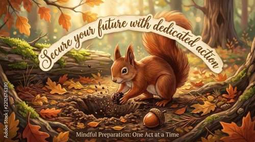 Squirrel burying acorn in autumn forest, symbolizing preparation and future planning
