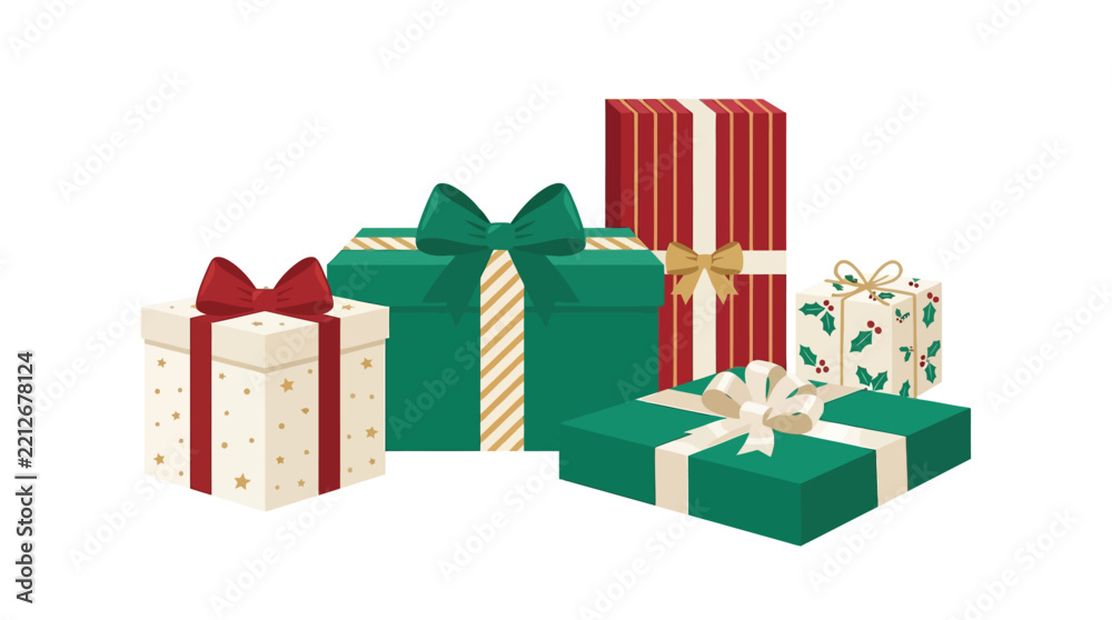 Fototapeta premium Christmas gift boxes with red ribbons and green wrapping, festive holiday present set, vector illustration for cards