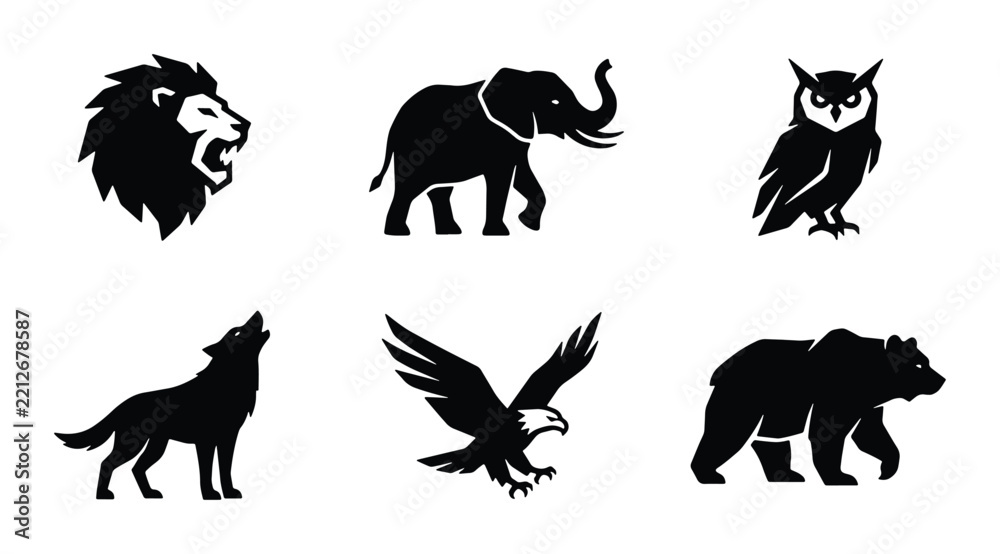 Fototapeta premium Wild animal silhouettes set with lion, elephant, owl, wolf, eagle and bear for logo or icon