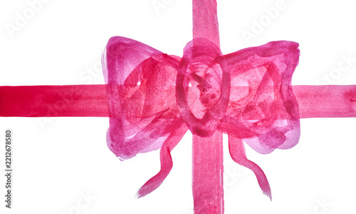 Pink gift bow with ribbons painted in watercolor on a white background.