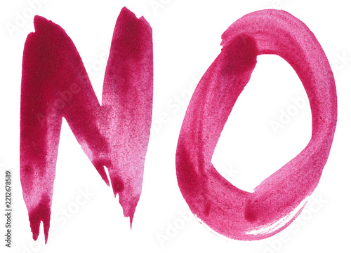 The word NO painted with pink watercolor paint and brush on a white background.