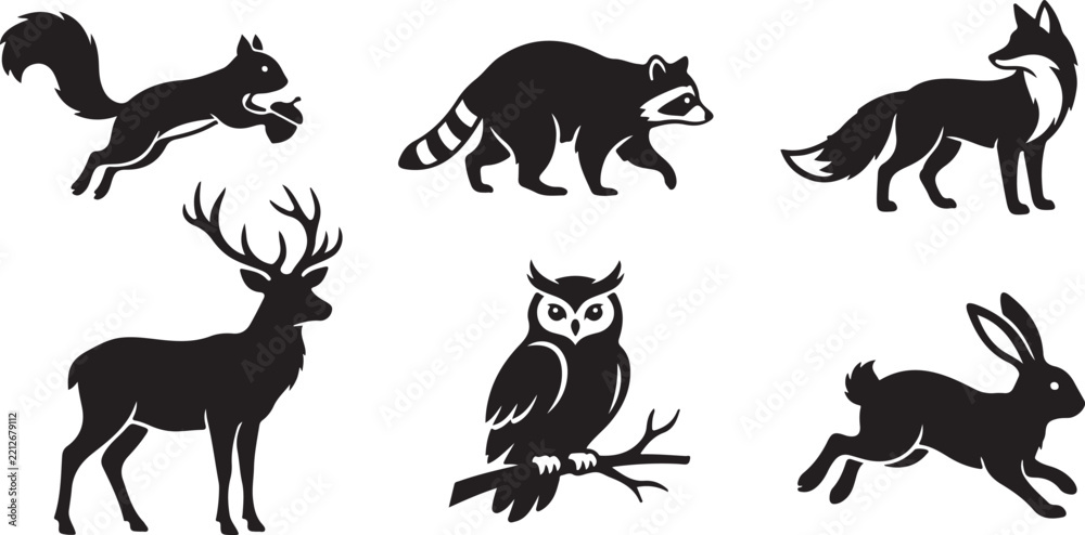 Fototapeta premium Set of forest animals silhouettes