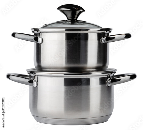 Stainless steel cooking pots stacked for efficient storage and easy access in a modern kitchen