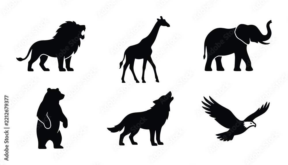 Fototapeta premium Wild animal silhouettes set with lion, giraffe, elephant, bear, wolf and eagle for logo or signage