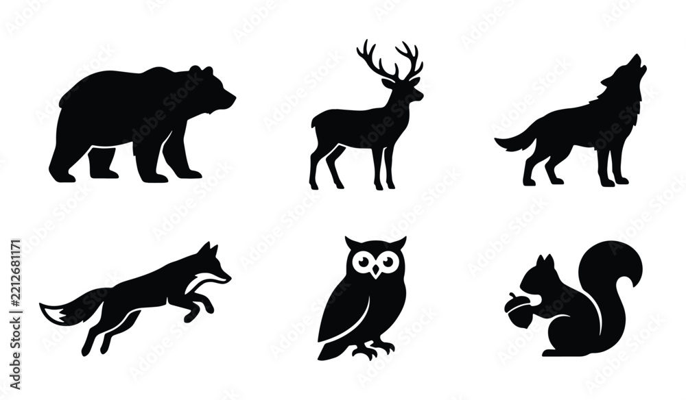 Obraz premium Forest animals silhouettes set with bear, deer, wolf, fox, owl and squirrel for nature logos