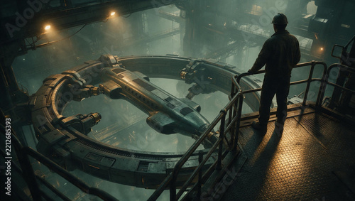 Worker looking at a spaceship docked in a massive industrial hangar. Spacecraft inside a giant mechanical ring structure. Futuristic aerospace manufacturing and heavy industry concept