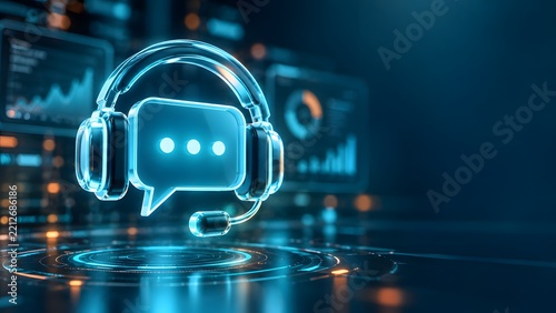 Glowing blue headset and speech bubble hologram representing automated customer service and smart technical support