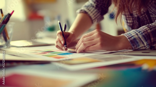 Graphic Designer Working on Color Palette Sketch at Creative Workspace