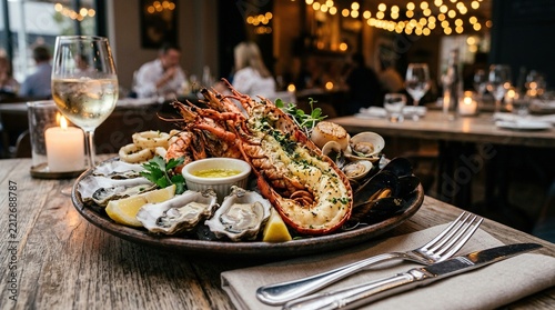 Gourmet seafood platter with lobster, oysters, and white wine in restaurant