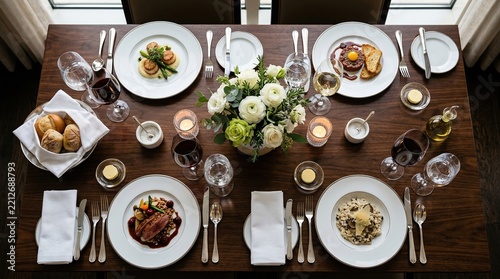 Elegant dinner table setting with gourmet food and floral centerpiece