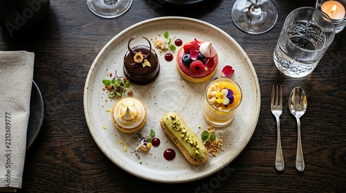 Gourmet dessert platter with chocolate cake, tart, eclairs, and mousse