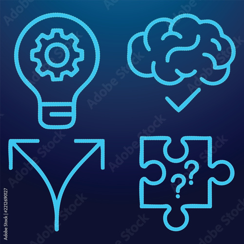 A creative vector icon set featuring a brain, lightbulb, puzzle pieces, and decision arrows on a dark background, perfect for ideas, innovation, and problem-solving concepts.