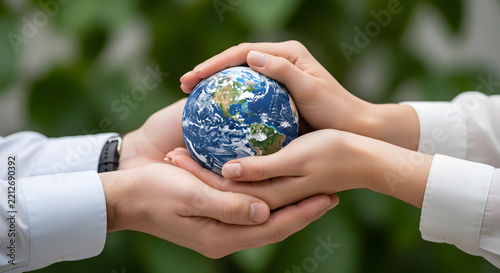Two people holding a small globe in their hands representing global unity and environmental protection