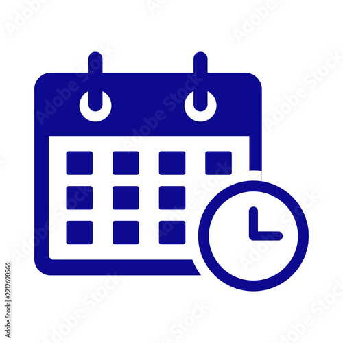 Fotografie Flat blue calendar icon with a clock symbol isolated on white background transpa