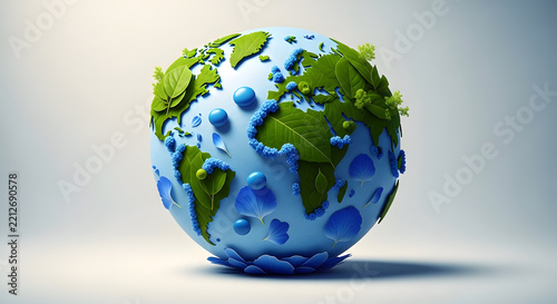 Creative 3D Earth Globe Made of Green Leaves and Blue Petals for Eco Concept