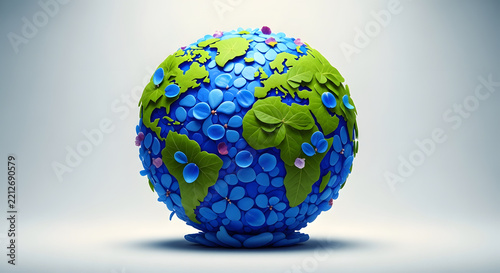 Conceptual Globe Made of Green Leaves and Blue Flower Petals