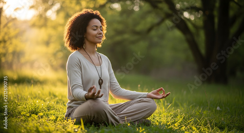 Serene woman meditating in lotus pose on grass during sunset for mindfulness and wellness