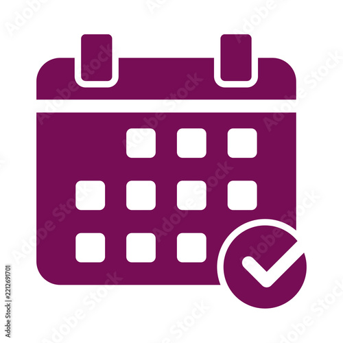 Purple flat icon of a calendar with a check mark symbol transparent background