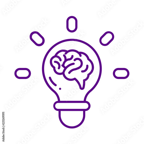 Purple line art icon representing a creative idea with a brain inside a glowing light bulb shape transparent background