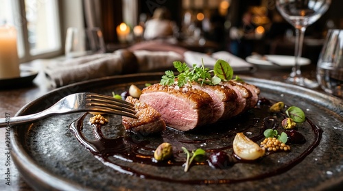 Gourmet sliced duck breast with glazed sauce and garnishes