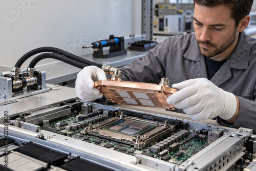Engineer Inspecting a Cold Plate Before Server Installation