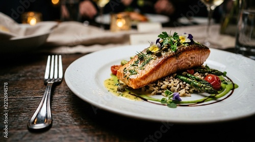Gourmet salmon fillet with asparagus and rice on a white plate
